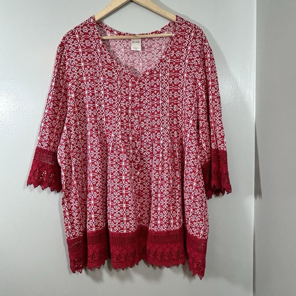 Blair Tops - Blair Women's 3/4 Sleeve V-Neck Blouse Red White Pleated Crochet Trim 3XL
